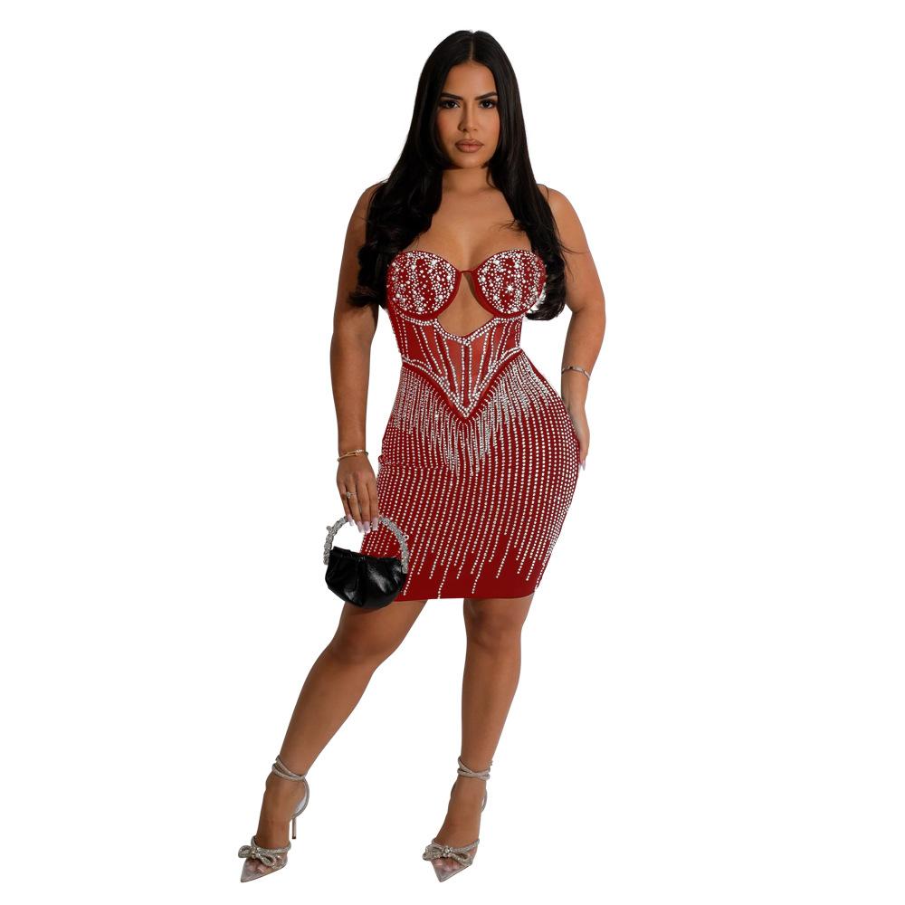 CY900891 European and American women's clothing, fashionable hot diamond party suspender hip A-shaped dress, dress women