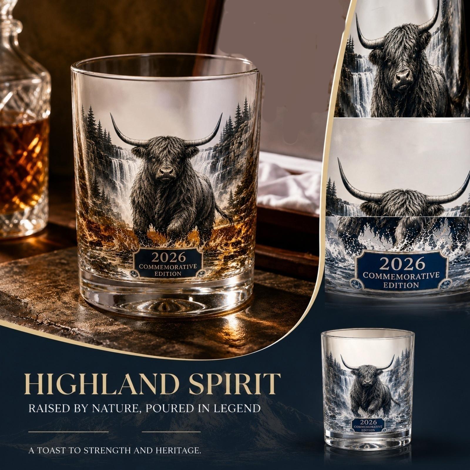 Highland Cattle Glass Whiskey Tumbler Commemorative Edition 2026 Durable Crystal Clear Glassware for Spirits and Cocktails One Size
