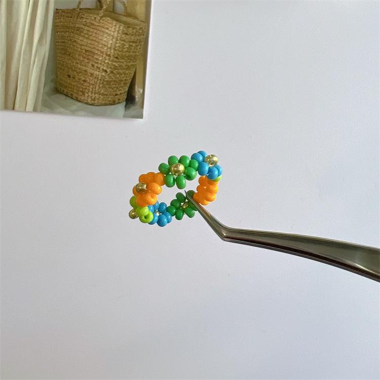 2025 Summer Macaron Color Beaded Flower Ring - Korean Porcelain Women's Jewelry