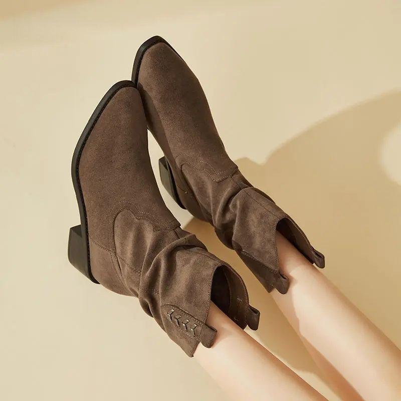 Coarse Heel Suede Pointed Western Cowboy Boots Women's 2025 Autumn and Winter New Retro Stacking Boots Fashionable Versatile Short Boots