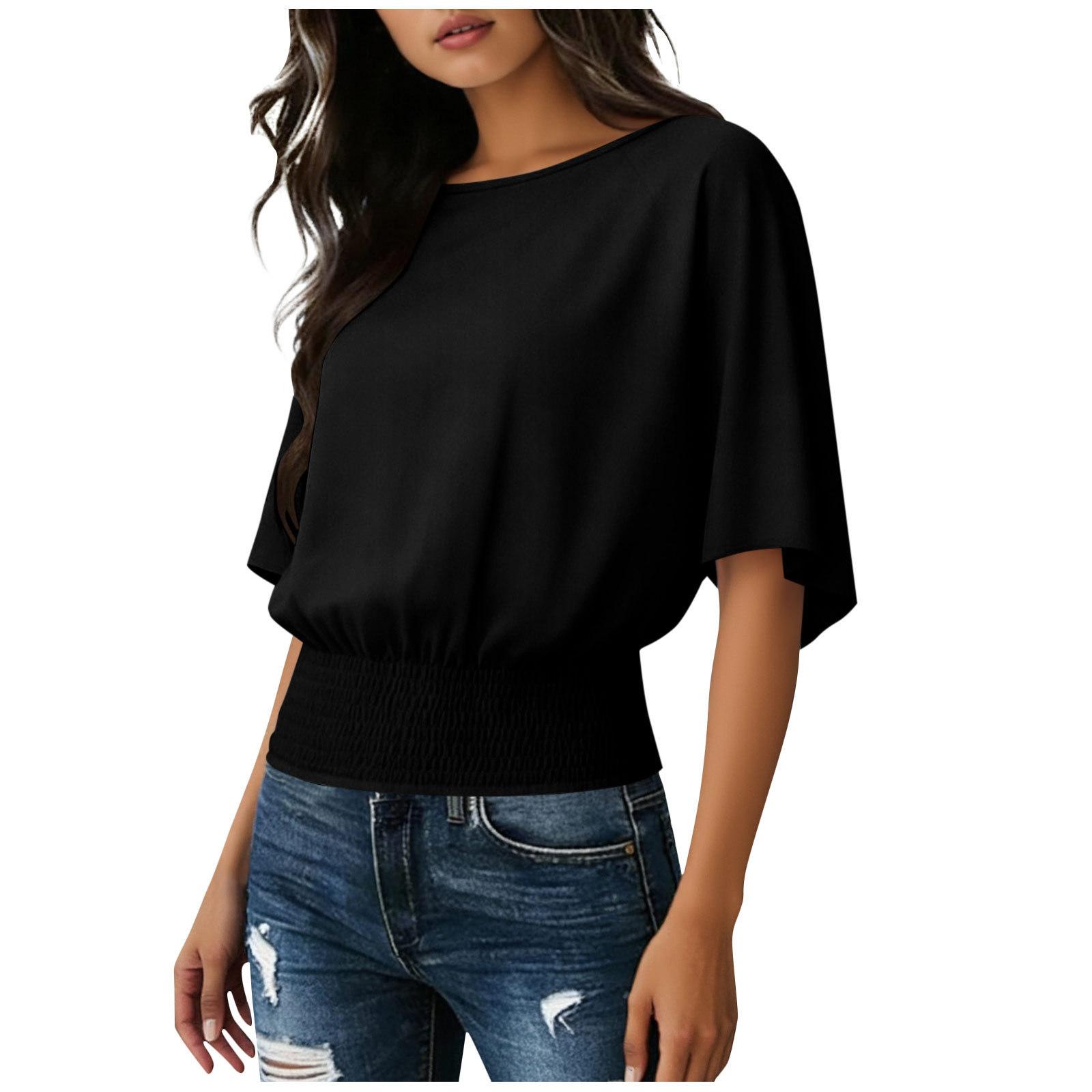 

Europe and the United States solid color fashion loose too large casual short sleeves pull round neck T-shirt top women S чёрный