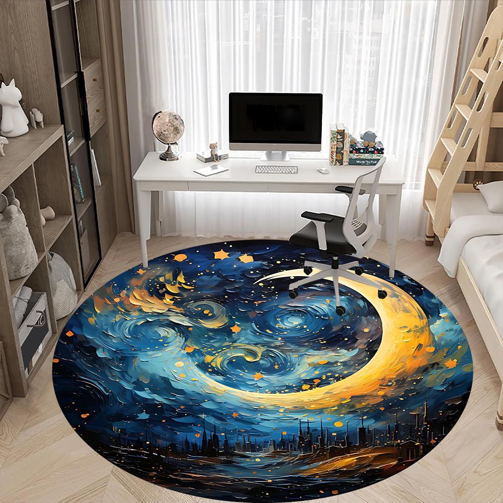 1PC Moon Night Office Round Area Rug, Mat Suitable For Office, Under Office Chairs Bedroom Living Room Home Decor, Room Deco