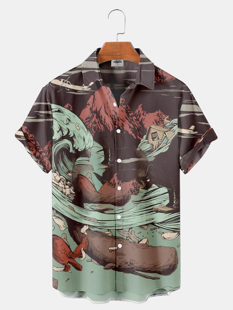 Summer Essential! Hawaiian Short Sleeve Shirt with Tropical Beach Landscape Print
