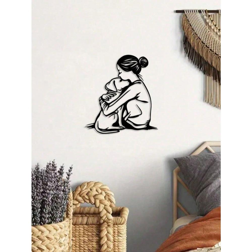 Art Deco Frau Hund Wandkunst, Metalllinien-Skulptur, Moderne Wohnkultur, Einzigartiges Haustierliebhaber-Geschenk, Metall-Wanddekor für das Wohnzimmer