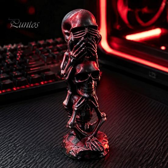 Office Desk Accessories 3D Printed Triple Skull Statue, Halloween Horror Hear No Evil See Modern Interior Ornaments Speak Figurine, Creative Decor for