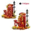 1142Pcs Vintage Red Phone Booth Model Kit Building Blocks Set Classic Mailbox Floral Light 3D Desktop Decoration MOC Style Gift