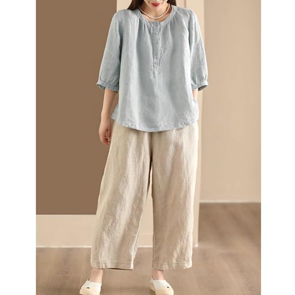 Blouse for Short Sleeve Cotton Linen Large Ruffle [Ailiyumo] Women, Shirt, Linen, Thin, Shirt, Size, Summer, Top, Sleeves, Natural, Cute, Everyday,
