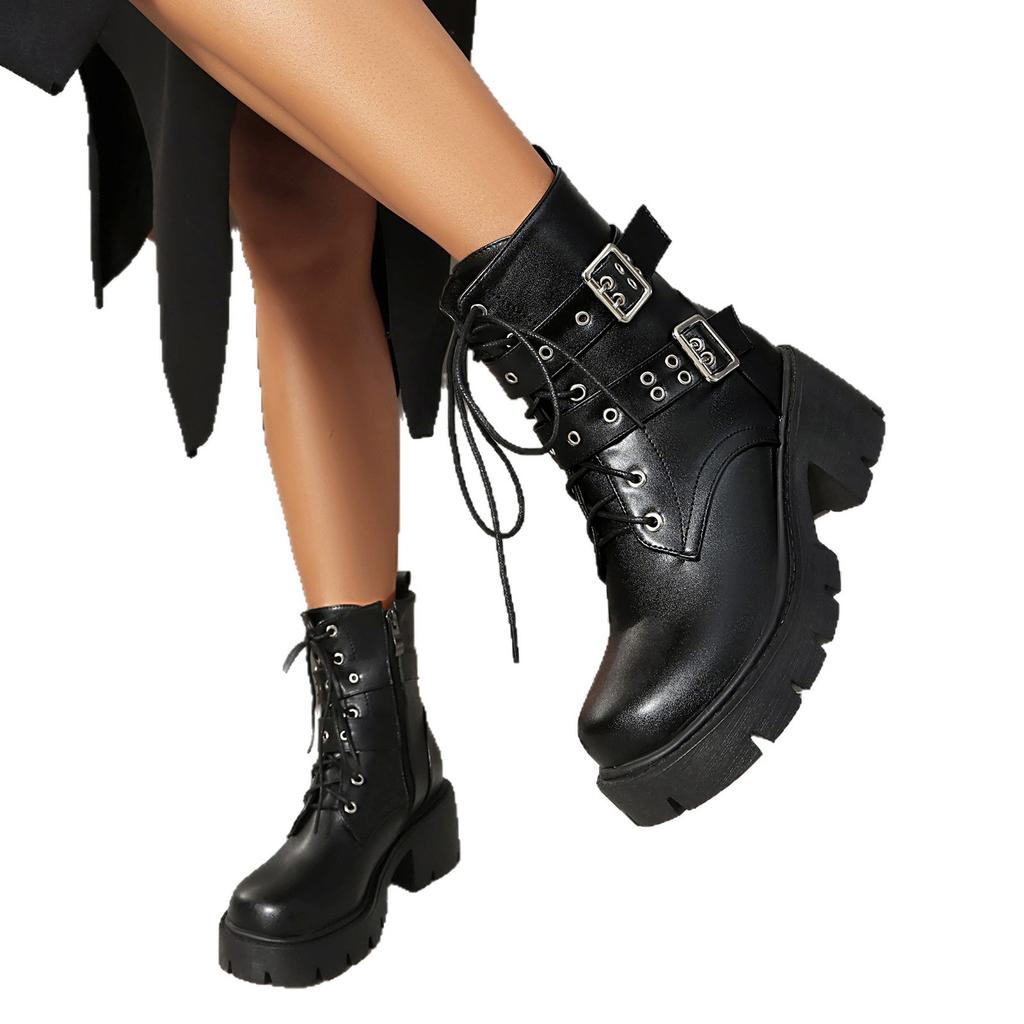 Retro Style Belt Buckle Short Boots Women's Winter Black Round Head Low Heel Western Boots Retro Style Leather