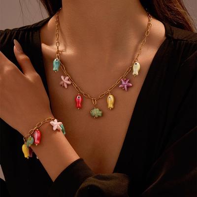 Ocean Fish Titanium Steel Bracelet: Starfish & Colorful Ceramic Pendant Necklace for Women