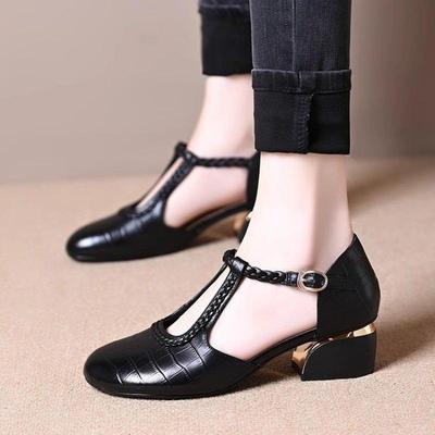 Baotou Sandals New Summer Hollow Breathable Soft Leather Thick Heel Commuting Cool Single Shoes