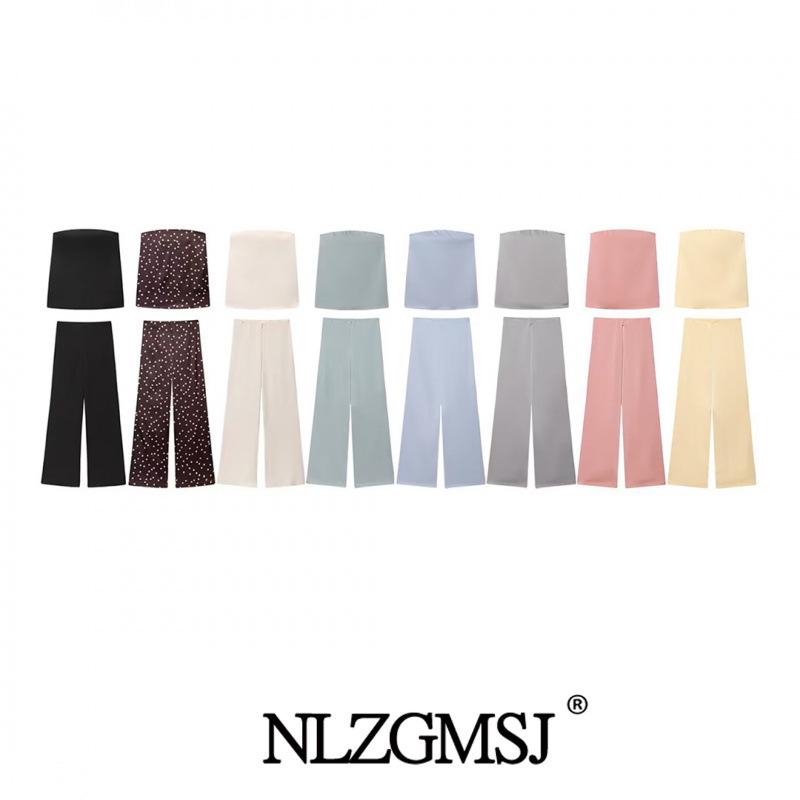 2025 European & American Style Strapless Silk Satin Top with Long Pants Medium