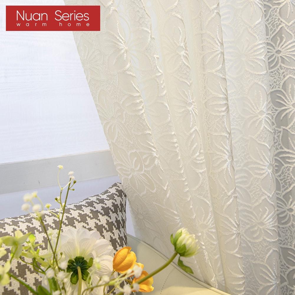 1PC Cherry Blossom Pattern Jacquard White Tulle Translucent Sheer Curtain for Living Room Bedroom Balcony Window Home Decor Nuan Series