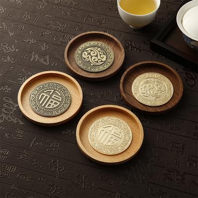 Chinese Style Metal Tea Cup Coaster Wooden Heat Insulation Cup Pad Drink Cup Coaster for Tea Coffe Milk Kitchen Supplies