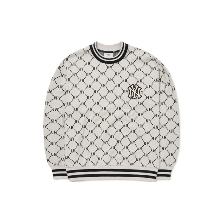 MLB FW22 Logo Embroidered Round Neck Loose Casual Diamond Print Sweatshirt Unisex sweatshirt White 3AMTM0724-50CRS