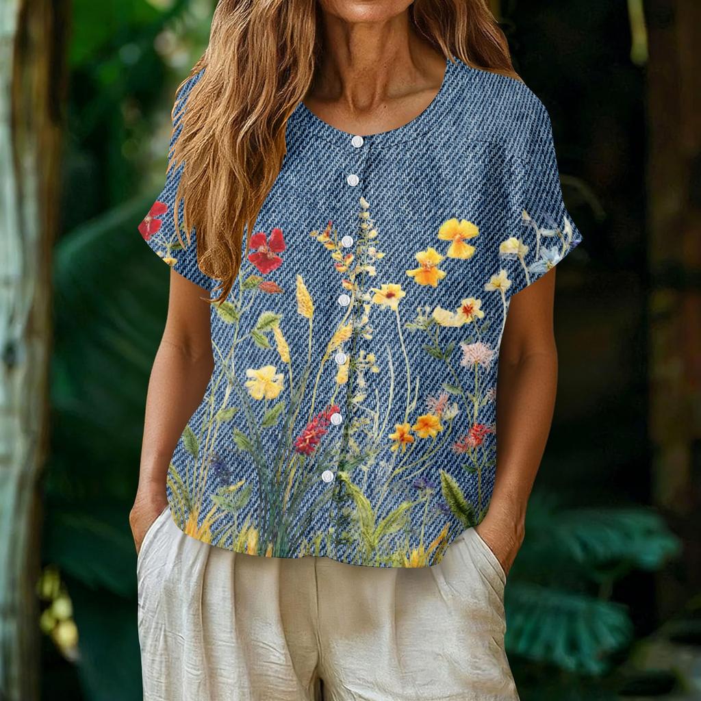 Womens Casual Henley Neck Button Down Floral Print Top Short Sleeve Lightweight Blouse for Summer Spring