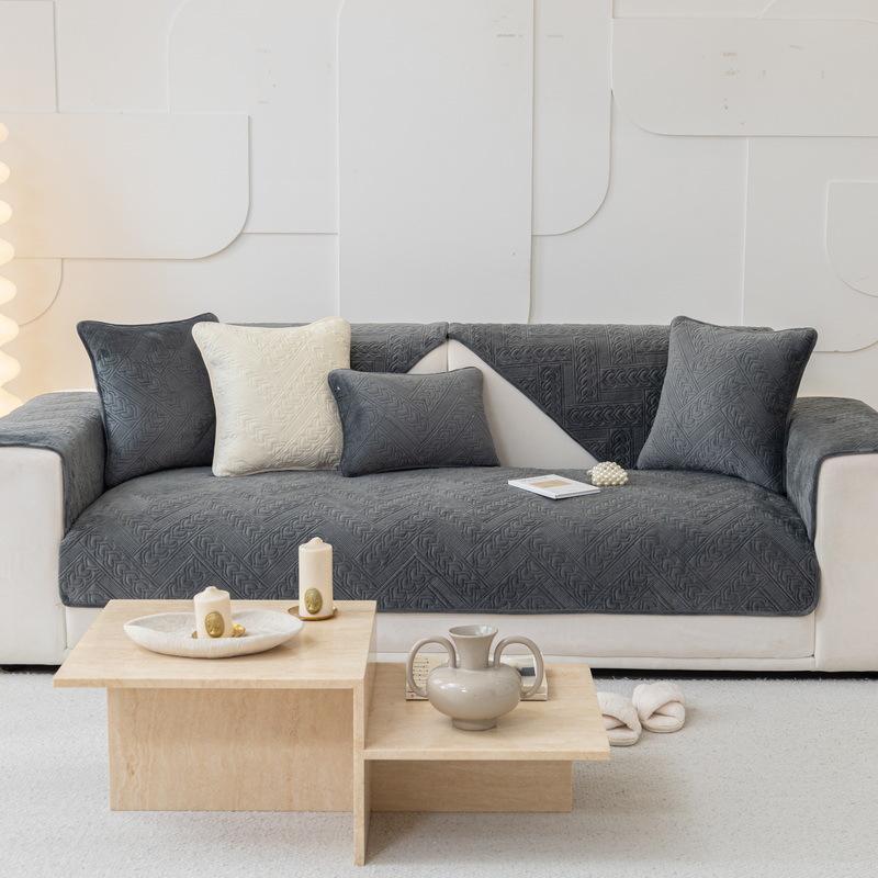 Plush Sofa Cushion Four Seasons Universal Machine Washable Solid Color Embroidery Wheat Cushion Non-Slip Leather Sofa Cover Cover Cloth