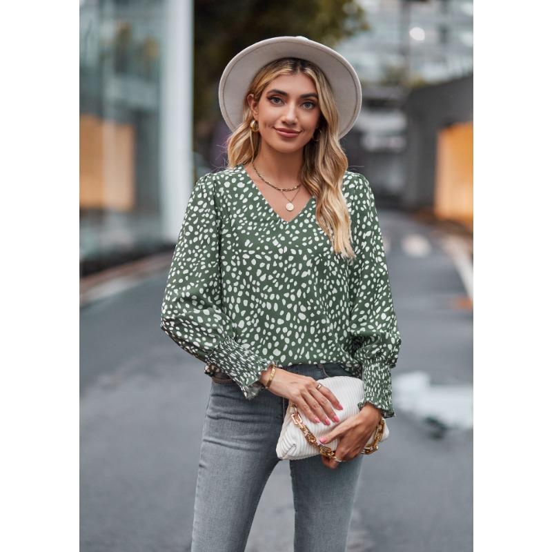 Herbst Damen Bluse, locker, bequem, gepunktet, lässig, bedruckt, V-Ausschnitt, Langarm-Shirt