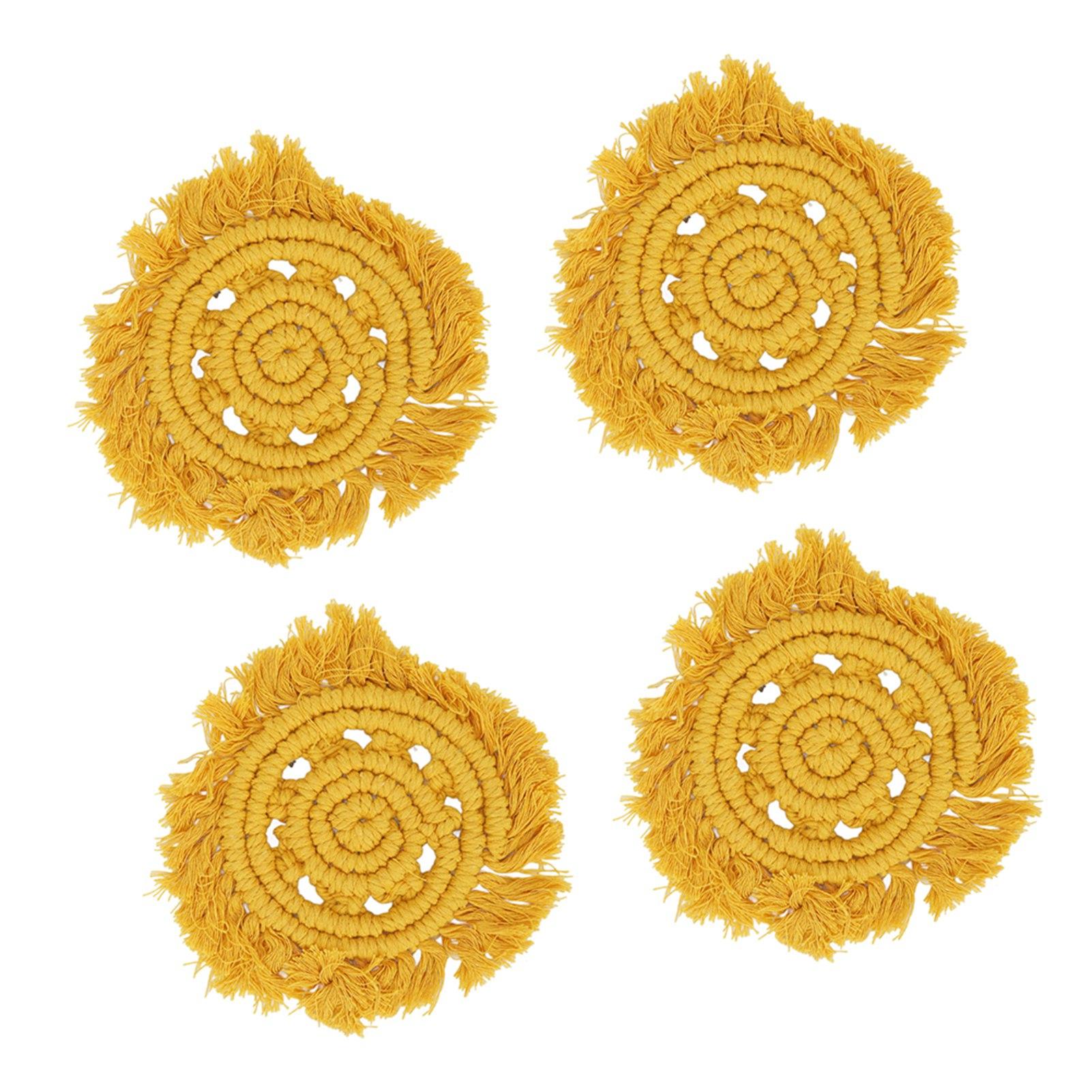 

4Pcs Coasters Cotton Soft Light Solid Color Round Anti Scald Braided Mat with Tassel for Lipstick Pot Bowl Coffee Cup жовтий