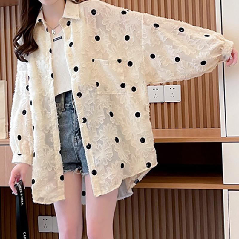Women's Polka Dot Lapel Mesh Mesh Loose Single Breasted Long Sleeve Shirt