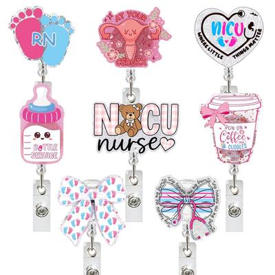 Retractable Rotatable ID Badge Reel, Cute NICU Nurse Themed Acrylic Badge Holder With Durable Metal Clip for Medical Staff