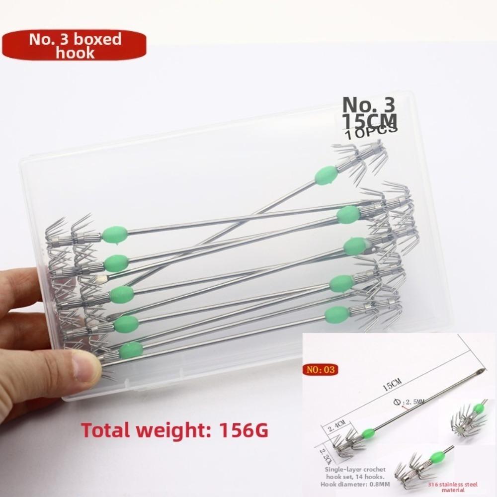 10pcs/ Box Stainless Steel Squid Hooks Blow Tube Design Umbrella Hooks Saltwater Fishing