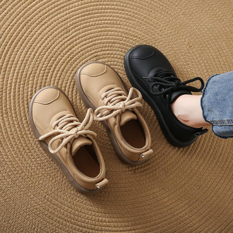 Love single shoes women's 2024 autumn new retro round head small leather shoes casual not tired foot lace-up flat shoes women