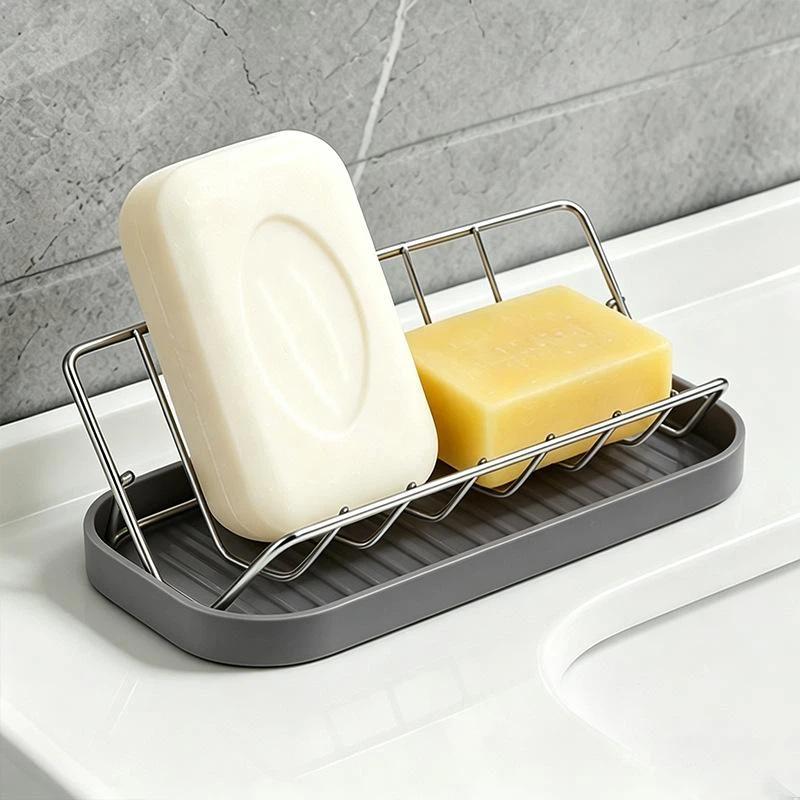 Organized Bathroom Soap Storage Holder Elegant Countertop Draining Rack Solution 1 серый