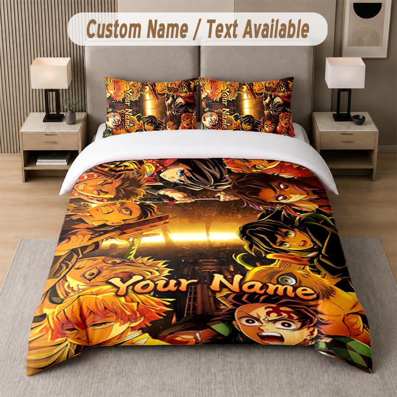 Demon Slayer 3Pcs Bedding Set, Personalized Custom Name Text, 1 Duvet Cover & 2 Pillowcases For Bedroom