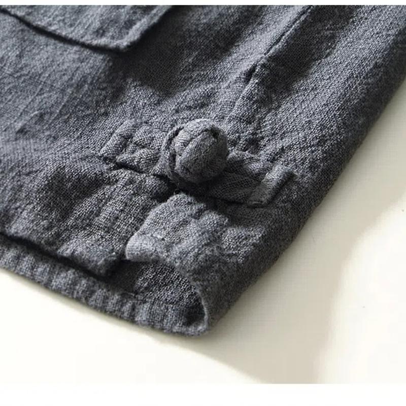 Chinese Style Long Sleeve Men Shirt Traditional Men Clothing Solid Color Stand Collar Cotton Linen Button Shirt Daily Casual Tops Big Pockets