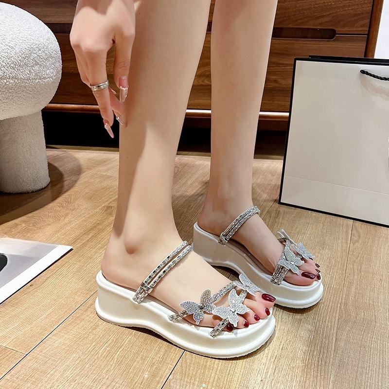 Platform Heightened Sandals Summer Wear New Round Head Rhinestone Butterfly Thin Belt Wedge Two-wear Flip-flops