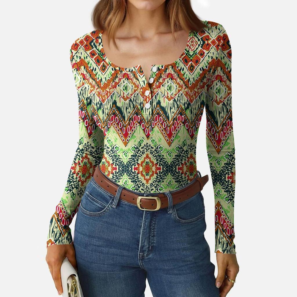 Women's Slim Bottom T-shirt Fashion Casual Gradient Printing Round Neck Pullover Long Sleeve Top