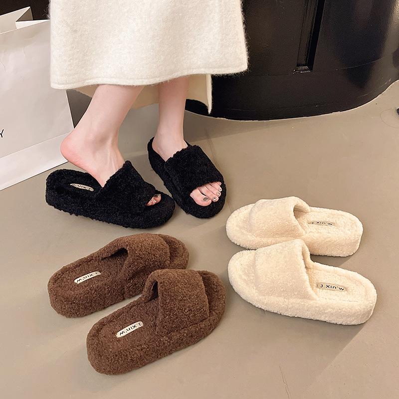 Internet Celebrity Mao Mao Slippers Women's 2025 Autumn and Winter New Suede Korean Version Wind Stepping On Shit Thick-bottomed Cotton Slippers