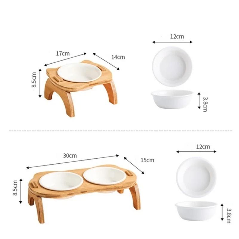 Wooden Ceramic Pet Bowl Cat and Dog Supplies Single Double Bowl with Oblique Mouth High Foot Leak Proof Pet Food Bowl and Feeder