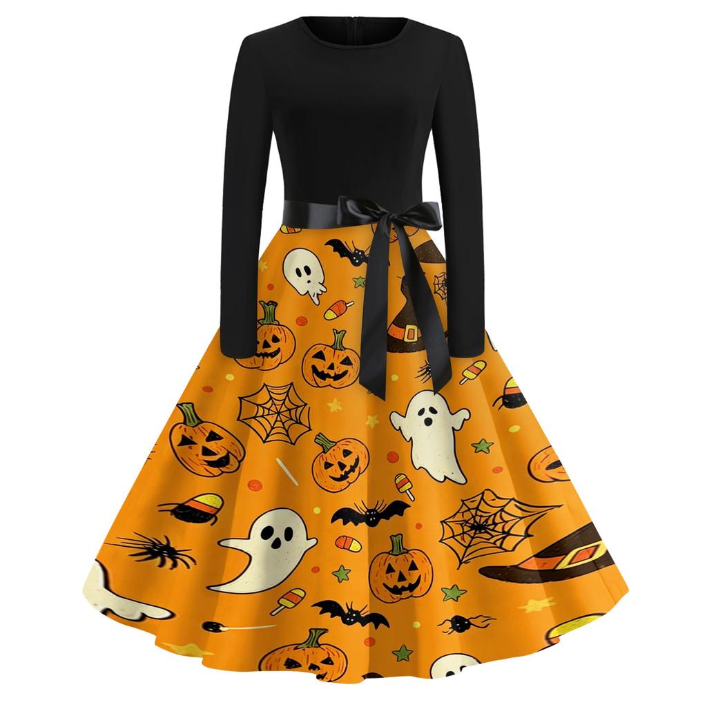 Women's Casual Vintage Halloween Print Dress Long Sleeve Round Neck Retro Style Fit and Flare Midi Dress with Waist Tie