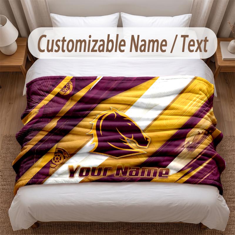 Brisbane Broncos Printed Flannel Blanket Custom Name Text Soft Warm Throw For Bedroom Holiday Gift