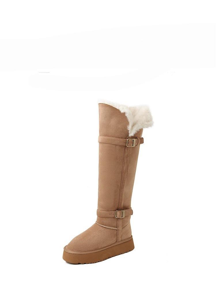 Thick-soled two-wear buckle belt, tall gray snow boots, non-slip and warm, knee-length Northeast cotton boots