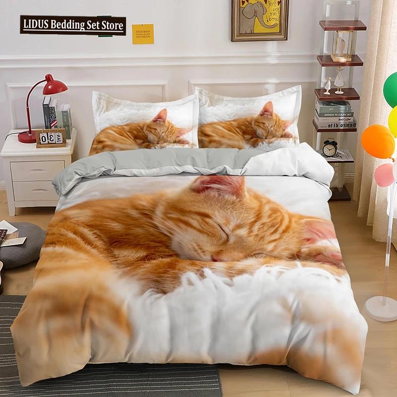 Set Copripiumino 3D Gatto Adorabile, Set Biancheria da Letto Carino Gatto Domestico Taglia Matrimoniale Queen King, Copripiumini di Lusso Animali Carini Regali Tessili per la Casa