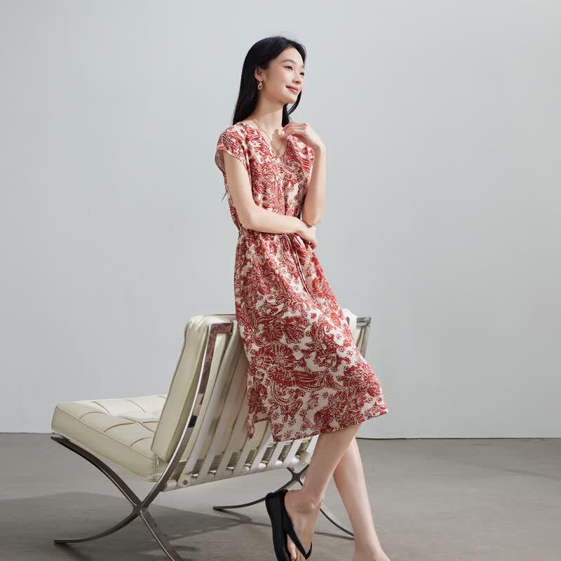 SOFSIL 2026 Summer Floral Silk V-Neck Midi Dress XL