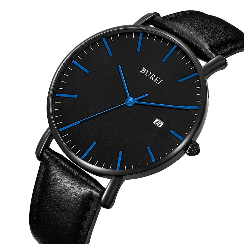 BUREI Men's Leather Watch, Simple and Stylish, Waterproof, Analog, Popular, Date Display, Business, Brand, Gentleman, Slim, Men's Watch G