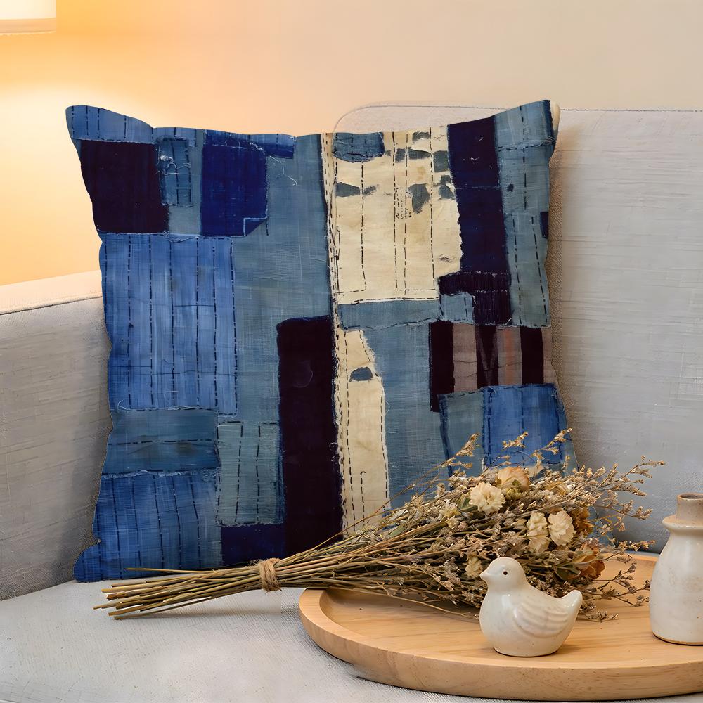 Cushion Cover Linen SkinFriendly Soft Decorative Case for Sofa Home Decor Denim Patchwork Print Pillow Cover