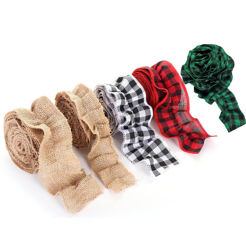 Festive Faux Linen Plaid Christmas Ribbon - Red/Black & Black/White Pleated Burlap