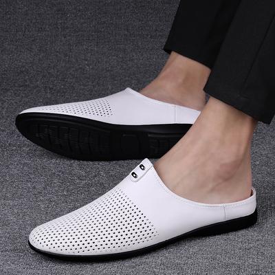 Luxury Brand Men Slippers Genuine Leather Half Drag Casual Shoes High Quality Slip On Loafers Breathable Summer Perforated Shoes