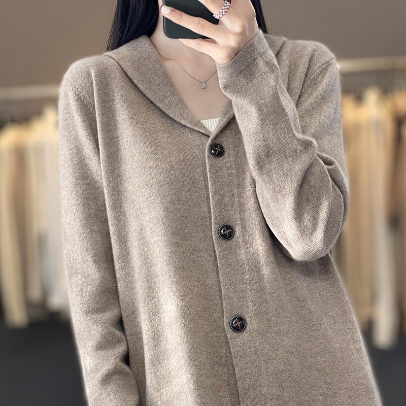 2023 Autumn/Winter Women's Round Neck Cashmere Cardigan - Stand Collar, Loose Fit, Solid Color, Trendy Knit Sweater