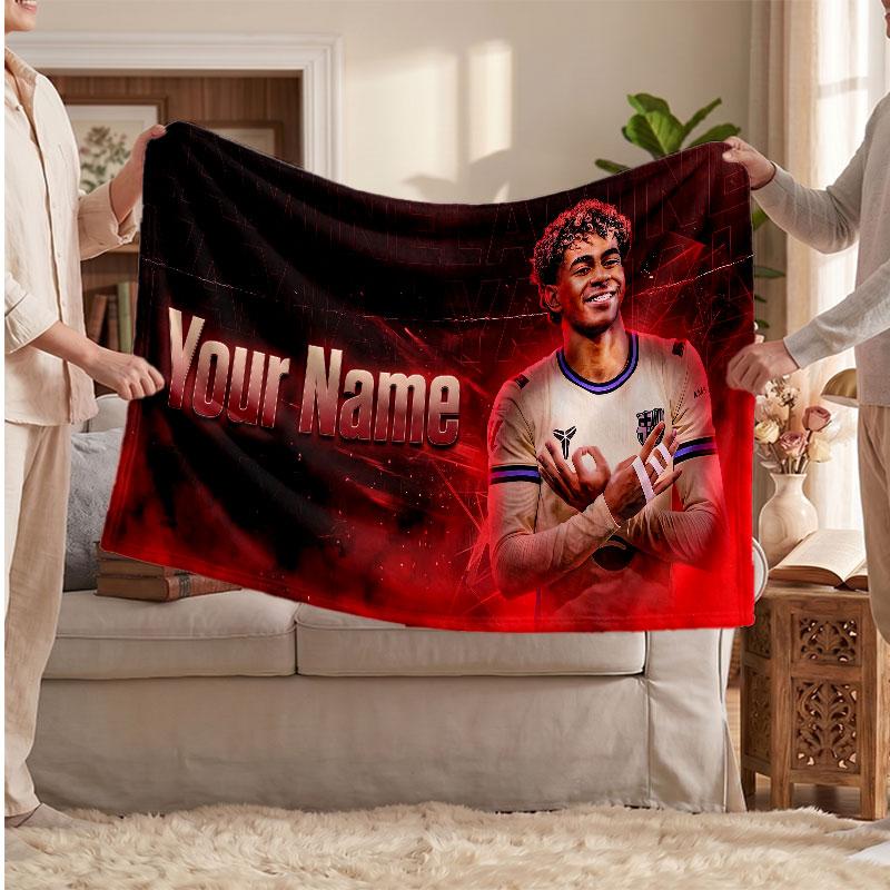 Lamine Yamal Personalized Fleece Blanket With Football Logo, Custom Name Text Soft Warm Home Throw Blanket