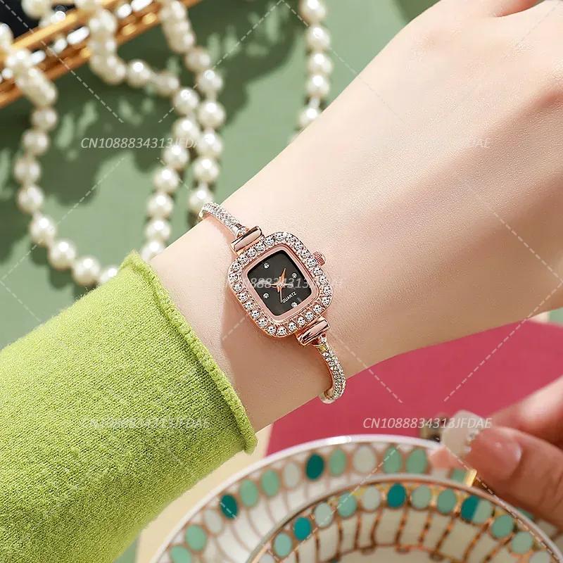 Elegant Adjustable Steel Quartz Women Wristwatch Luxury Fashion Diamond Crystal Watch Small Square Dial Women's Watches