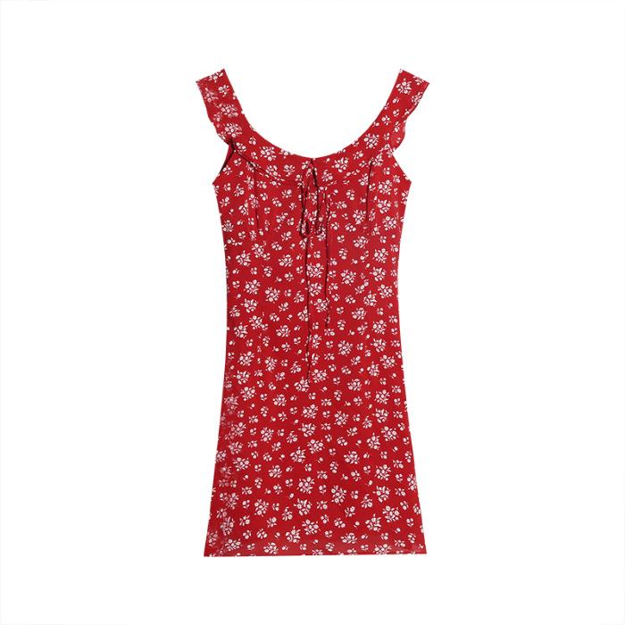 French retro red floral small flying sleeve dress for women's summer slim and thin seaside vacation style sexy short dress