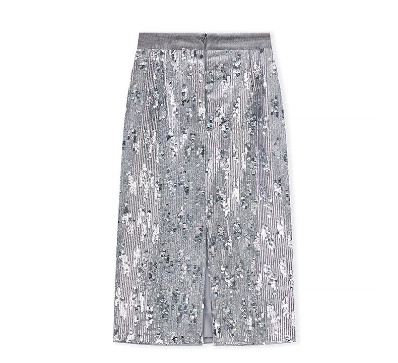 Dazzling Silver Sequin High-Waist Midi Skirt for Women - Autumn Fashion