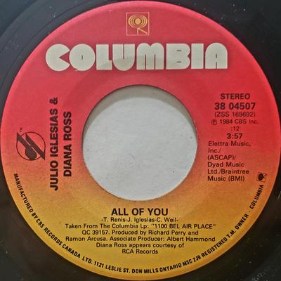 7inch Record JULIO IGLESIAS & DIANA ROSS / JULIO - All Of You / The Last Time 3804507 Columbia 1984 Canada Rock Used