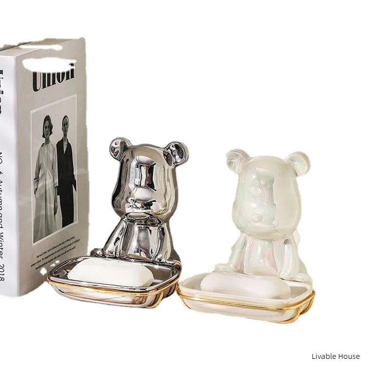 Light Luxury Bear Soap Box Ceramics Bathroom Holder Dish Golden Storage Drain Plate Tray Shower Supplies Gadgets