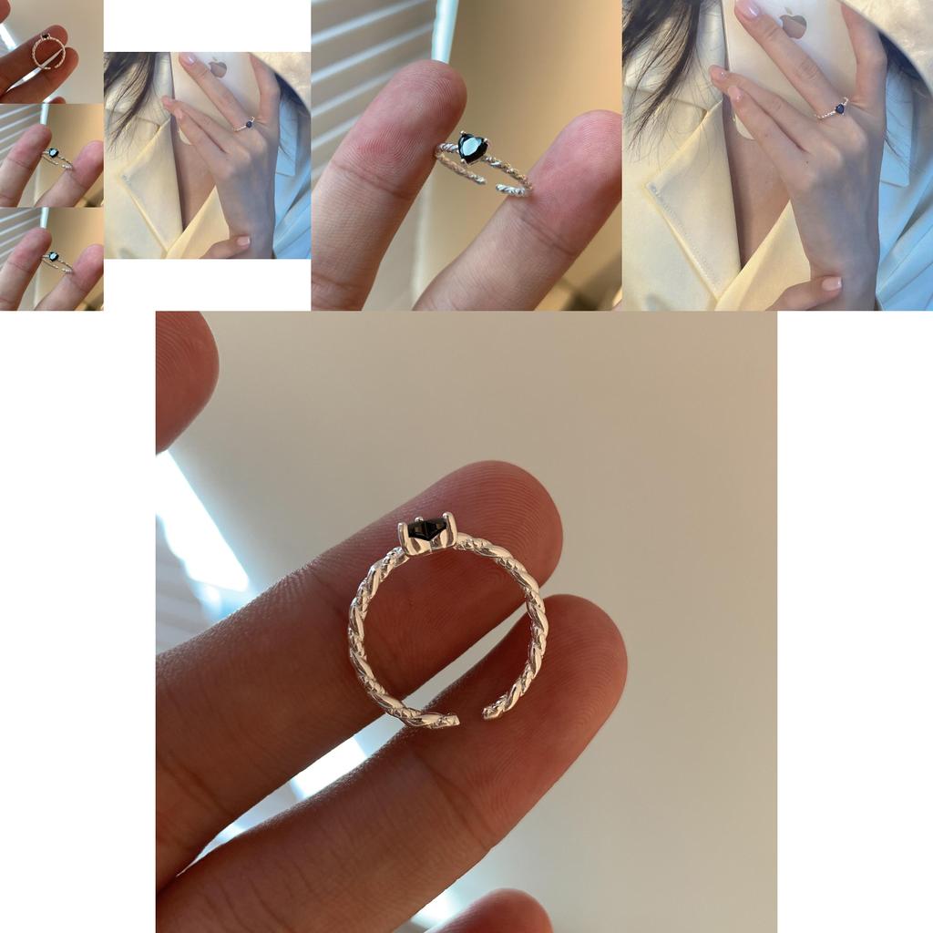 Elegant S925 Sterling Silver Heart-shaped Twisted Ring With Black Zirconia For Women